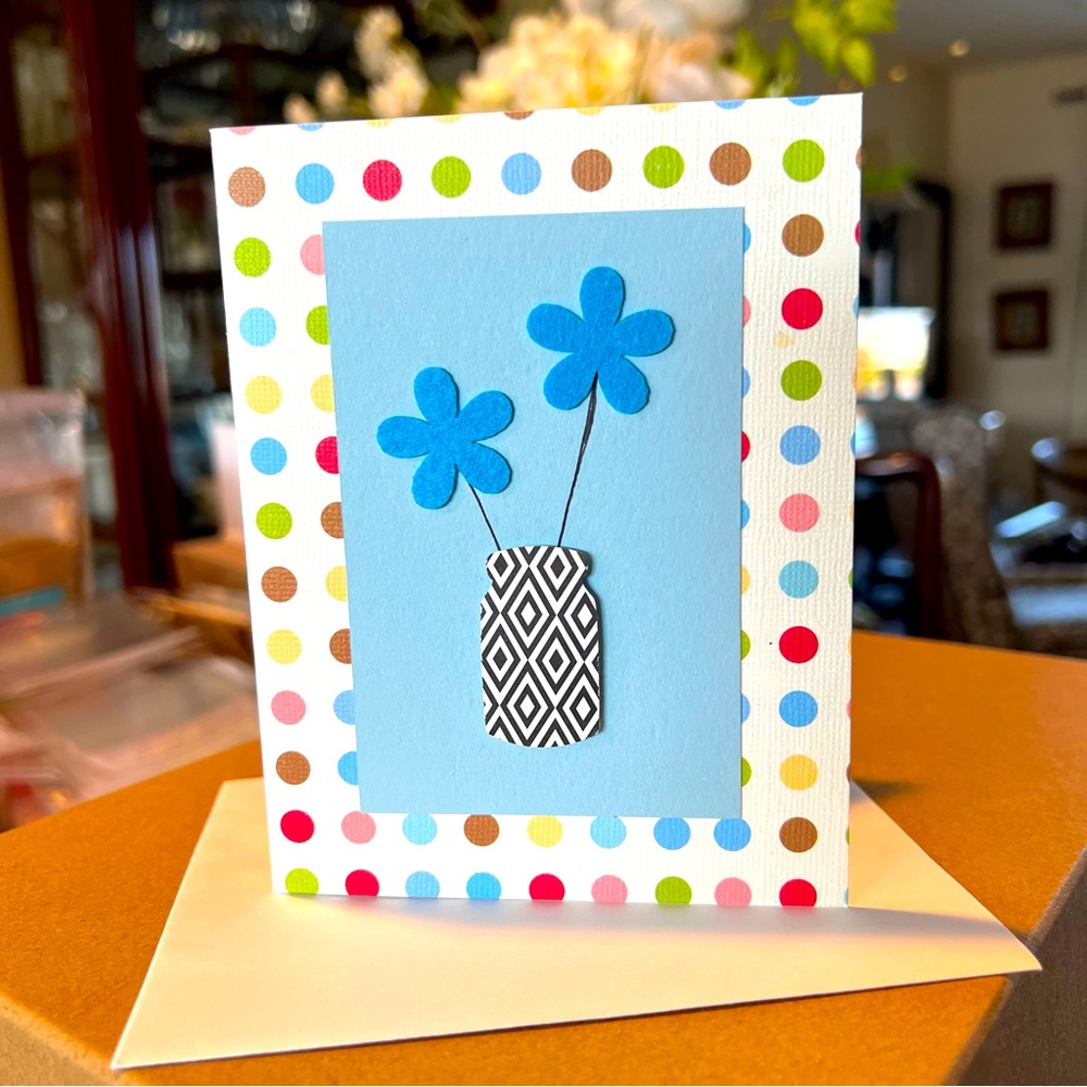 BLUE Flowers in Vase Embellished Greeting Card